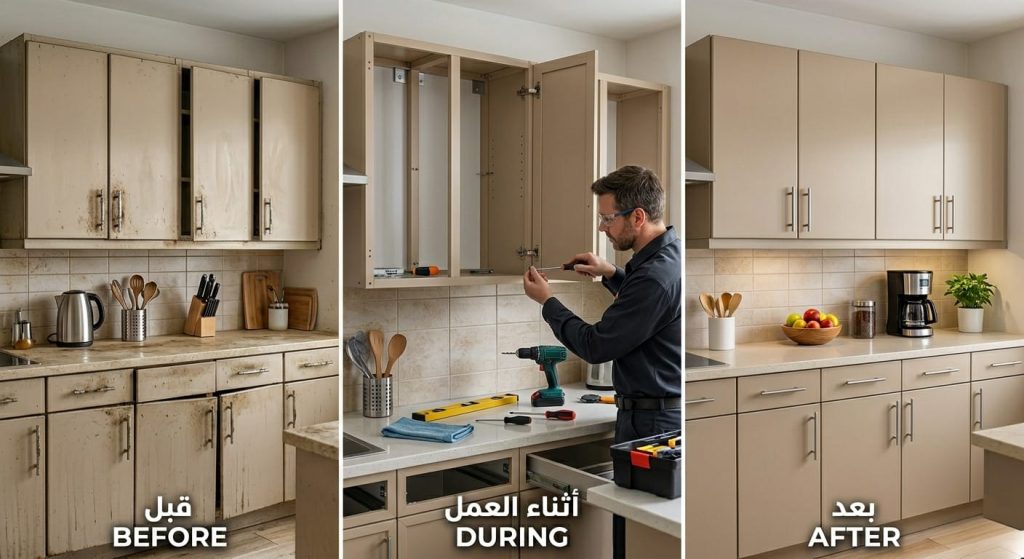 فني متخصص في تصليح مطابخ المنيوم بجدة يقوم بتبديل المفصلات الصدئة، صيانة الأدراج، وتدعيم زوايا الدواليب لضمان استقرار المطبخ وعودته كالجديد بلمسة فنية احترافية.