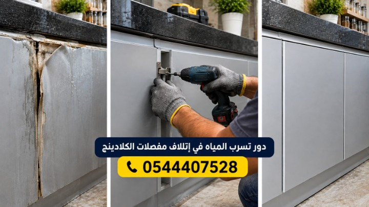 ✅ صورة واقعية توضح دور تسرب المياه في إتلاف مفصلات الكلادينج وتقشر الواجهات، حيث يتم استبدال المفصلات التالفة بأخرى جديدة مقاومة للصدأ لتعود درف مطبخ الألومنيوم متناسقة وتعمل بانسيابية دون ظهور أي أشخاص.