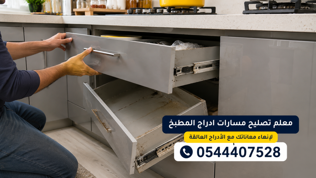 ✅ صورة واقعية توضح مراحل معالجة سقوط درج مطبخ ألومنيوم، حيث يتم استبدال المسارات التالفة بسحابات جديدة متينة ليعود الدرج للعمل بانسيابية وتناسق تام دون ظهور أي أشخاص أو أدوات.