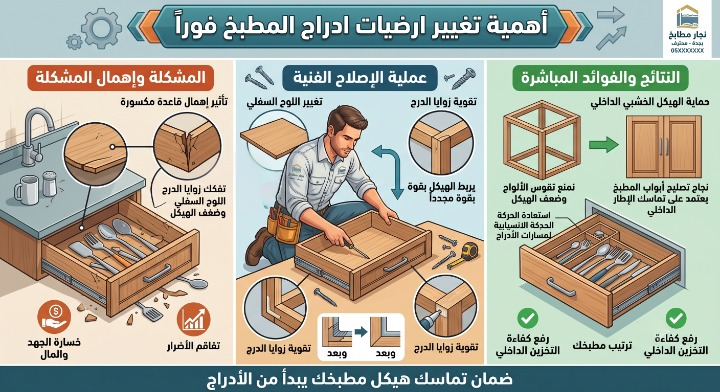✅ صورة واقعية توضح أهمية تغيير ارضيات ادراج المطبخ فوراً لمعالجة القواعد المكسورة وتقوية زوايا الهيكل ليعود الدرج متماسكاً وعملياً بتناسق تام دون ظهور أي أشخاص أو أدوات.