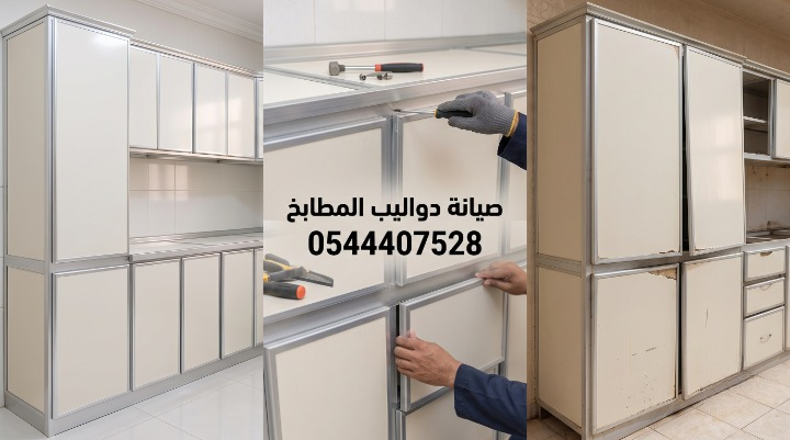 ✅ صورة واقعية توضح تحول دواليب مطبخ ألومنيوم مائلة ومتقشرة إلى خزائن جديدة وأنيقة متناسقة الأبواب بعد ضبط وزنيتها وإصلاح المفصلات التالفة دون ظهور أي عمال أو أدوات.