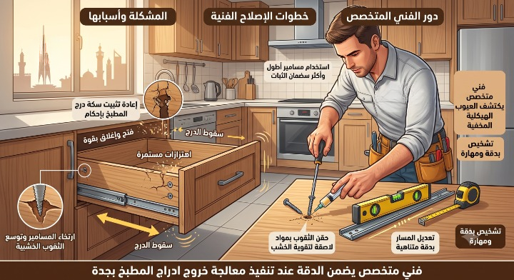 ✅ صورة واقعية توضح أسباب سقوط درج المطبخ نتيجة الاهتزازات المستمرة وارتخاء المسامير، وتبرز خطوات الإصلاح الفنية لإعادة تثبيت السكة بإحكام وتعديل المسار بدقة متناهية لضمان الثبات دون ظهور أي أشخاص أو أدوات.