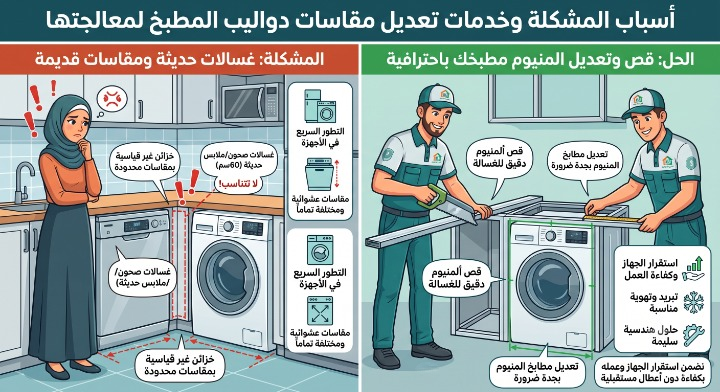 ✅ صورة واقعية توضح تعديل وقص هيكل دولاب مطبخ ألومنيوم بدقة هندسية لتوفير مساحة قياسية تتسع لتركيب غسالة الصحون والملابس الحديثة بمقاس 60 سم مع ضمان التهوية والاستقرار التام دون تشويه الديكور وبدون ظهور أي عمال أو أدوات.