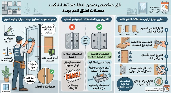 1️⃣ النص البديل
✅ صورة واقعية توضح مقارنة بين أضرار المفصلات التجارية الرديئة التي تسبب ارتطام الأبواب، وبين المفصلات الأصلية التي توفر إغلاقاً ناعماً وانسيابياً لحماية دواليب المطبخ مع ضبط زوايا الفتح بتناسق تام دون ظهور أي أشخاص.