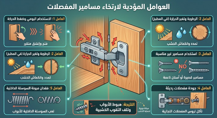 ✅ صورة واقعية توضح مفصلة باب مطبخ وتفاصيل ارتخاء مسامير التثبيت بسبب الاستخدام المتكرر وتأثير الرطوبة والمسامير غير المناسبة بدون ظهور أي عمال.