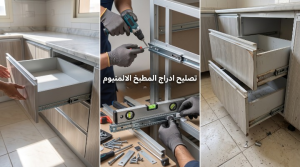 ✅ صورة واقعية لأدراج مطبخ ألومنيوم مائلة ومحشورة توضح اعوجاج المسارات بسبب غياب وزنية التركيب الصحيحة بدون ظهور أي عمال.