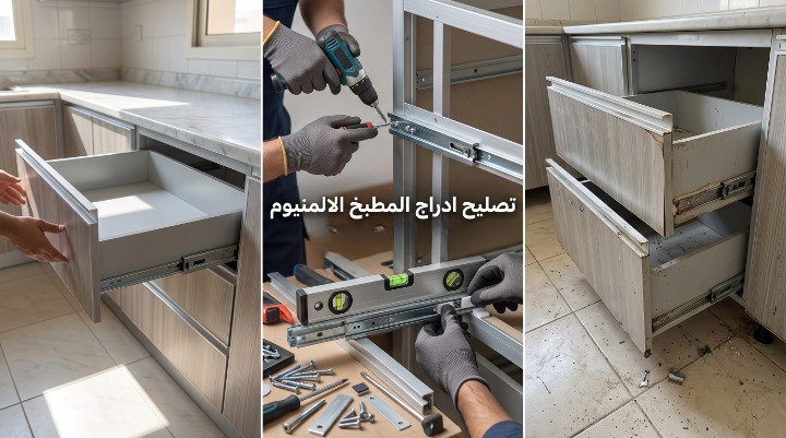 ✅ صورة واقعية لأدراج مطبخ ألومنيوم مائلة ومحشورة توضح اعوجاج المسارات بسبب غياب وزنية التركيب الصحيحة بدون ظهور أي عمال.