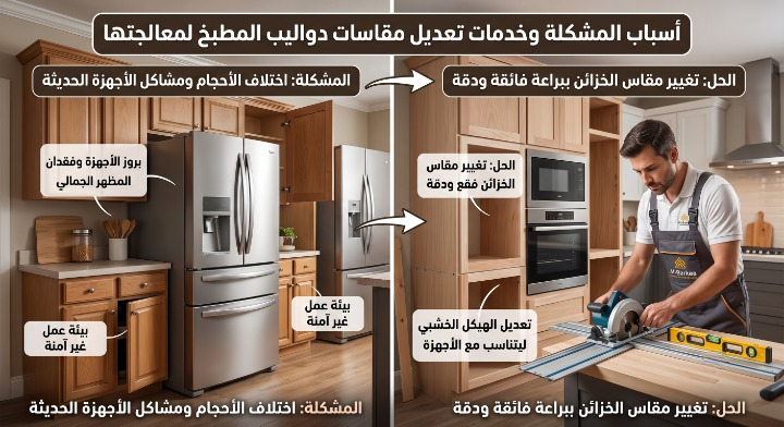 ✅ صورة واقعية توضح عدم تناسق ثلاجة كبيرة مع هيكل دولاب مطبخ خشب قديم وبروزها للخارج، ثم تبرز الحلول الهندسية لتوسيع وتغيير مقاسات الخزائن بدقة لتتناسب تماماً مع الأجهزة الحديثة دون ظهور أي عمال أو أدوات.