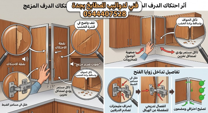 ✅ صورة واقعية توضح أضرار احتكاك وتصادم درف المطبخ عند زوايا الفتح من تآكل للحواف وتلف في المفصلات، ثم تبرز الحلول الهندسية لضبط الوزنية وتصليح الأبواب لتغلق بسلاسة دون ظهور أي عمال أو أدوات.