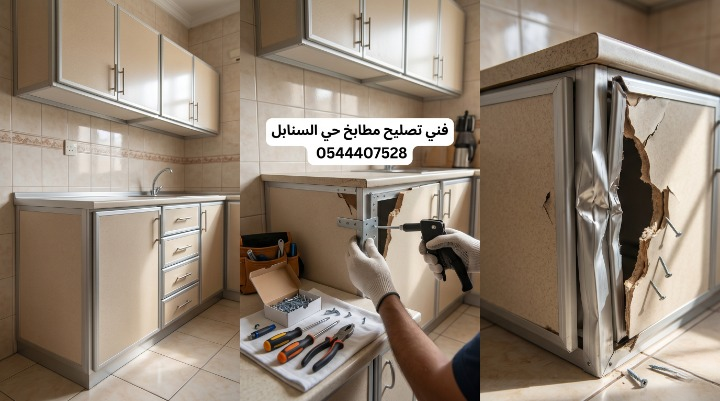 صورة خارجية تظهر يد فني تصليح مطابخ حي السنابل بجدة أثناء تنظيف مسارات الألومنيوم العميقة وتزييتها، والأدوات موضوعة جانباً على طاولة بعيدة.