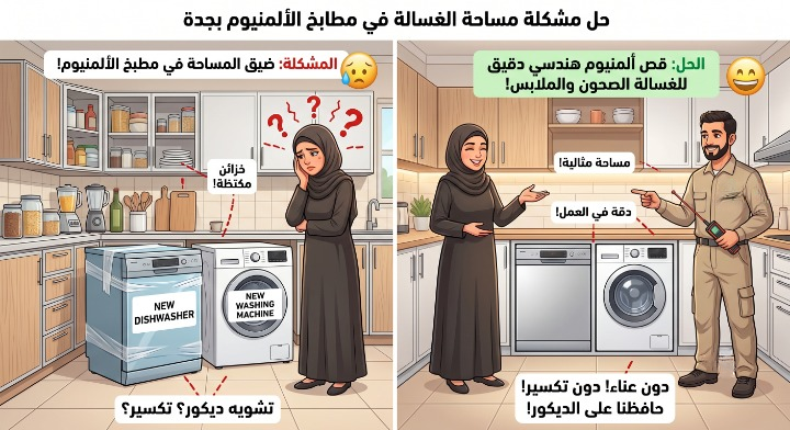 ✅ صورة واقعية توضح تعديل وقص هيكل دولاب مطبخ ألومنيوم بدقة هندسية لتوفير مساحة مثالية ومندمجة تتسع لتركيب غسالة الصحون وغسالة الملابس بتناسق تام دون تشويه الديكور وبدون ظهور أي عمال أو أدوات.