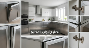 ✅ صورة مقسمة لثلاثة أجزاء تعرض بالمنتصف مطبخ ألومنيوم كامل، وعلى الجوانب لقطات واقعية لدواليب مطبخ مكسورة بدون عمال، ومكتوب بوضوح على الواجهة تصليح أبواب المطبخ.