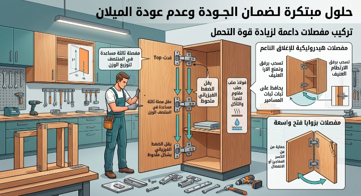 ✅ صورة واقعية توضح تفاصيل هيكل دولاب مطبخ وتركيب مفصلة ثالثة مساعدة في المنتصف لتوزيع الوزن مع مفصلات هيدروليكية صلبة بدون ظهور أي عمال أو أدوات.