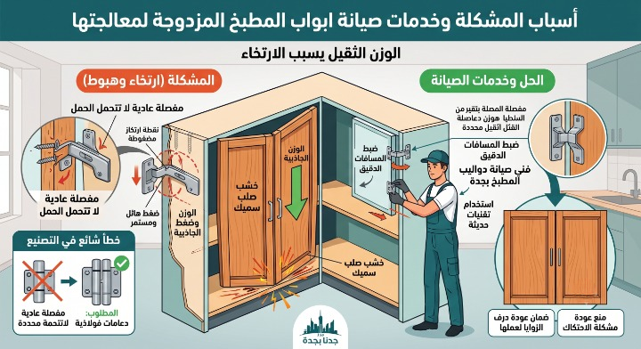 ✅ صورة واقعية توضح أضرار ارتخاء وهبوط أبواب المطبخ المزدوجة عند الزوايا بسبب الوزن الثقيل والمفصلات العادية، ثم تبرز الحلول الهندسية لضبط المسافات الدقيق وتركيب مفصلات فولاذية داعمة دون ظهور أي عمال أو أدوات.