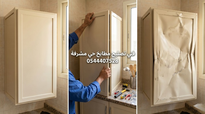 صورة توضح دقة فني تصليح مطابخ حي مشرفة بجدة في ضبط مفصلات الزوايا المخفية وتغيير حشوات الألومنيوم التالفة لضمان تطابق الأبواب.