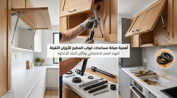 ✅ صورة مقسمة لثلاثة أجزاء تعرض تصميم مطبخ ألومنيوم كلادينج بالمنتصف، وعلى الجانبين لقطات واقعية لمساعدات أبواب هيدروليكية تالفة ومكسورة لا تتحمل الأوزان بدون ظهور عمال.