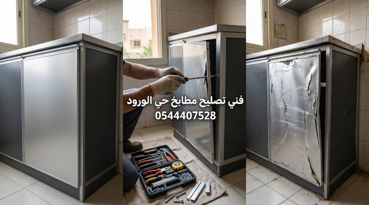 صورة خارجية تظهر يدي فني تصليح مطابخ حي الورود بجدة أثناء تجديد السيليكون حول فواصل الألومنيوم، والأدوات موضوعة جانباً على الطاولة.