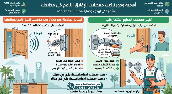 ✅ صورة واقعية توضح مقارنة بين أضرار المفصلات التقليدية التي تسبب ارتطاماً مزعجاً وتلفاً للأبواب، وبين تركيب مفصلات هيدروليكية توفر إغلاقاً هادئاً وسلساً لحماية خزائن المطبخ دون ظهور أي أشخاص أو أدوات.