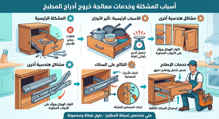 ✅ صورة واقعية توضح أسباب انفلات أدراج المطبخ نتيجة الأحمال الثقيلة التي تسبب انحناء السكك المعدنية، ثم تبرز مراحل الصيانة واستبدال المسارات التالفة لتعمل الأدراج بانسيابية تامة دون ظهور أي أشخاص.