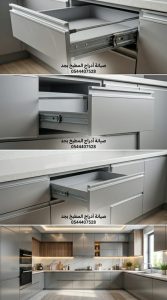 صورة توضح معلم تبديل عجلات ادراج المطبخ بجدة أثناء صيانة وتغيير مسارات الأدراج التالفة بقطع غيار أصلية بخصم خاص لضمان حركة انسيابية وسهولة في الاستخدام.