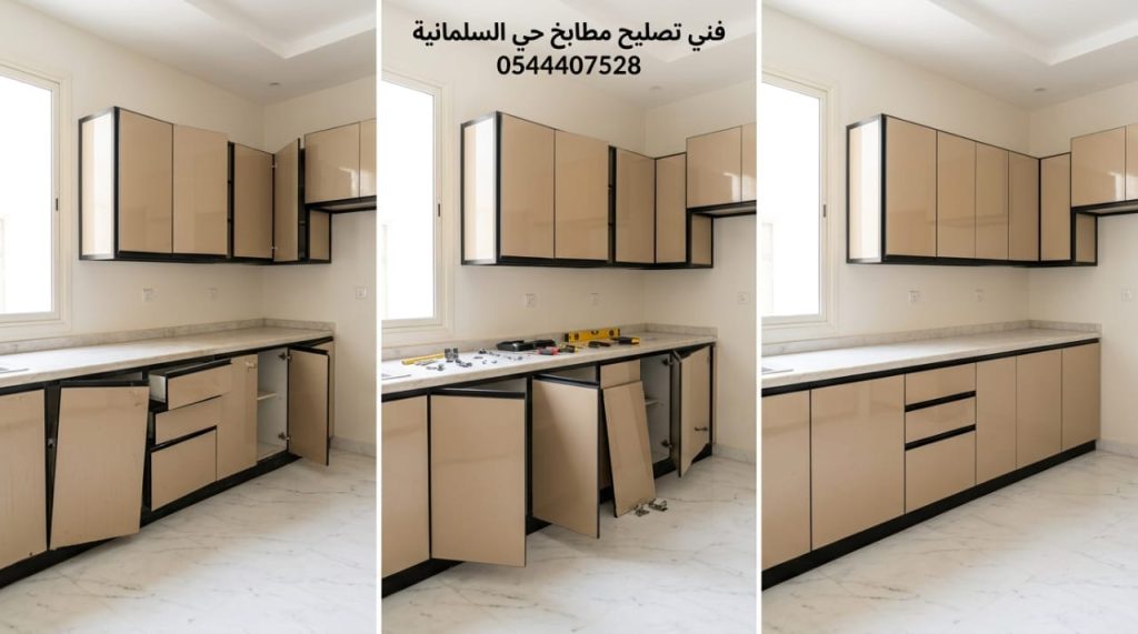 صورة لفني تصليح مطابخ حي السليمانية بجدة أثناء إعادة تقسيم الأرفف الداخلية وتعديل مساحات التخزين لتنظيم الأواني بكفاءة عالية.