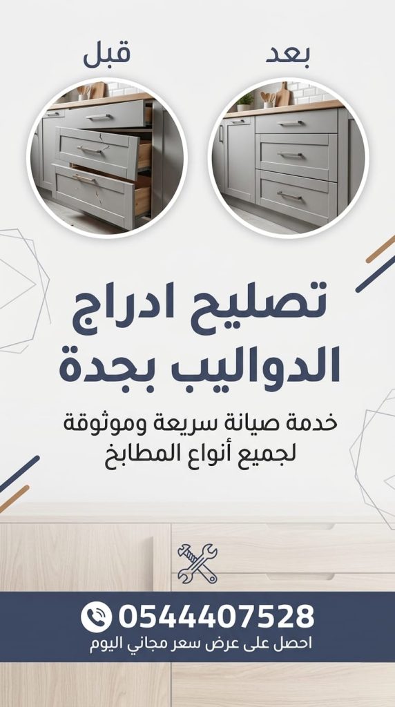 عرض تصميم مطبخ ألومنيوم كلادينج بالمنتصف، وعلى الجانبين لقطات واقعية لعجلات أدراج مكسورة ومسارات تالفة تعيق الحركة بدون ظهور أي عمال.