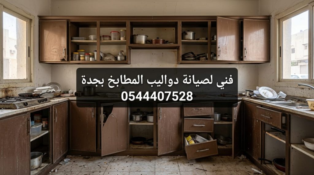 صورة توضح عملية تصليح درف المطبخ المائلة بجدة، حيث يقوم الفني بوزن الأبواب وتغيير المفصلات التالفة بقطع غيار أصلية بخصم خاص لضمان إغلاق محكم ومظهر مرتب.