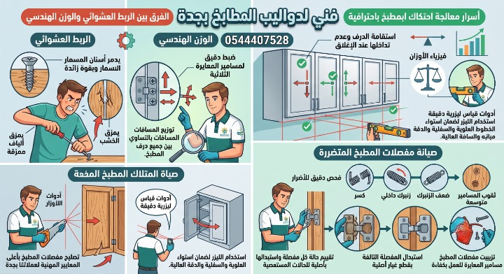 ✅ صورة واقعية توضح مقارنة بين أضرار الربط العشوائي الذي يمزق هياكل الخزائن، وبين الوزن الهندسي الدقيق الذي يضمن استقامة الدرف وعدم تداخلها عند الإغلاق بتناسق تام دون ظهور أي عمال أو أدوات.